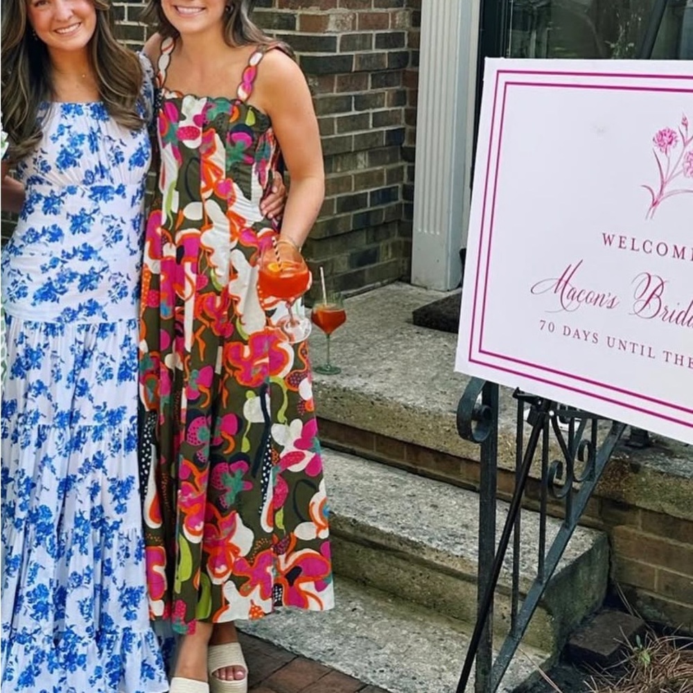 La Ligne Multicolor Floral Midi Dress in Olive, Pink & Orange